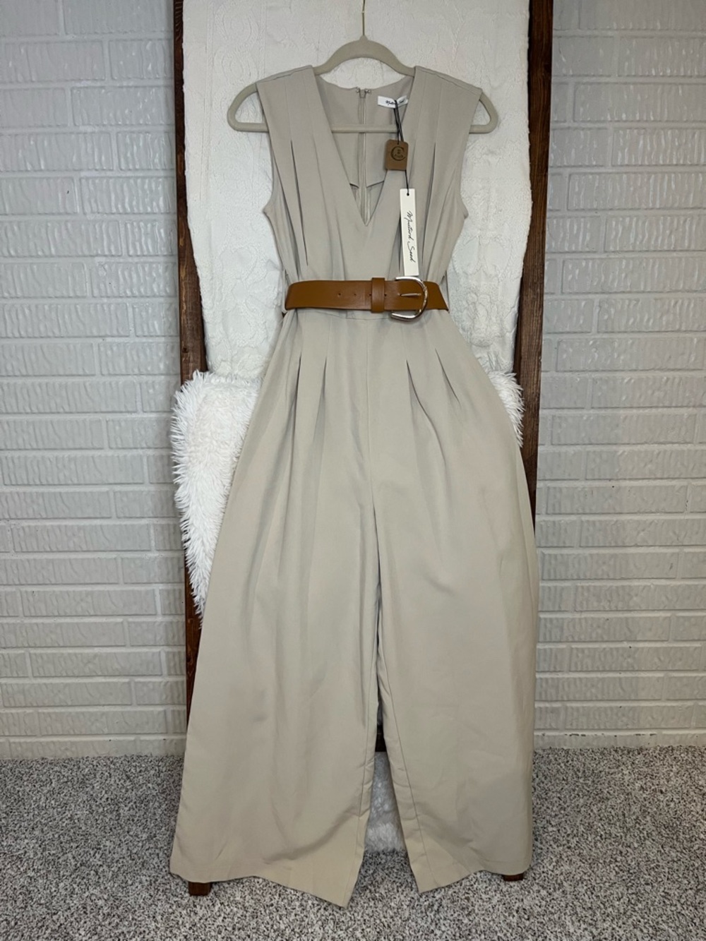 Mustard Seed Beige Sleeveless V-Neck Wide Leg Belted Jumpsuit - Size Small